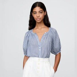 Gap × DÔEN Blue Gingham Peasant Blouse NWT XL